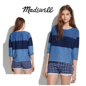 MADEWELL Indigo Blue 3/4 Sleeve Chambray Rugby Stripe Top